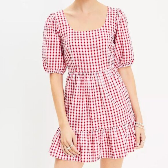 LOFT Dresses & Skirts - NWT LOFT Women's Gingham Tie Back Flounce Swing Dress in Tango Red